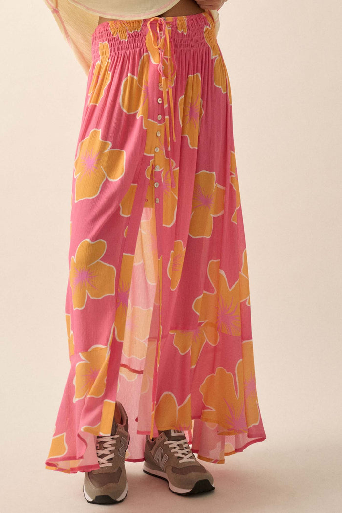 Hibiscus Grove Floral Crepe Buttoned Maxi Skirt - ShopPromesa