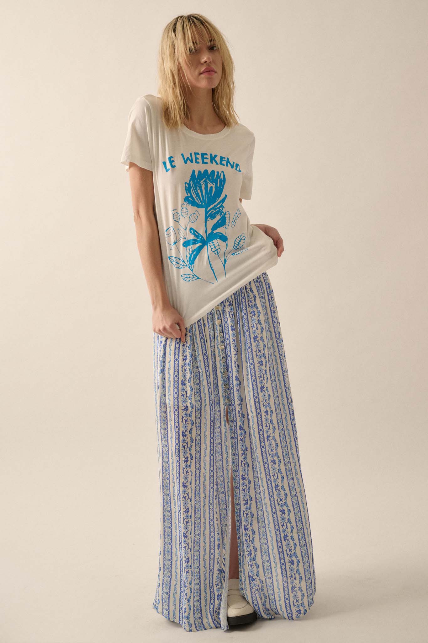 Wildflower Field Floral-Stripe Buttoned Maxi Skirt - ShopPromesa