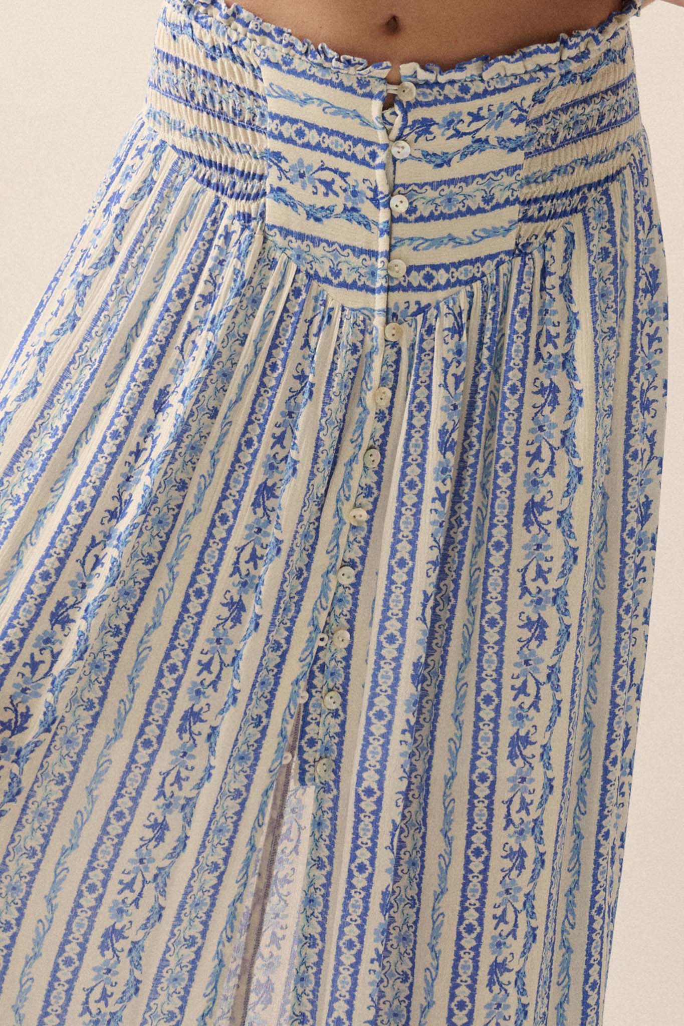 Wildflower Field Floral-Stripe Buttoned Maxi Skirt - ShopPromesa