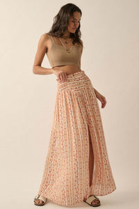 Wildflower Field Floral-Stripe Buttoned Maxi Skirt - ShopPromesa