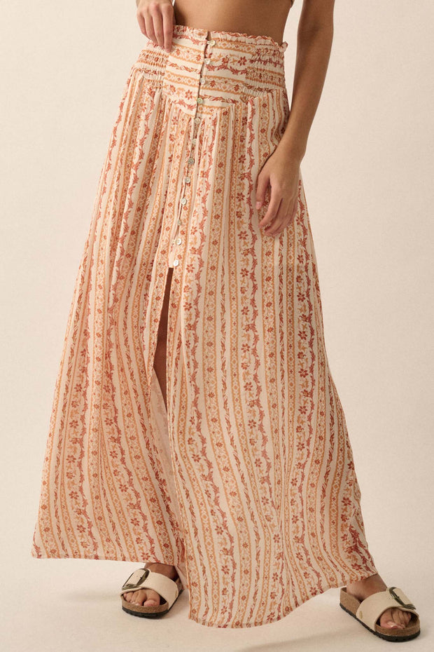 Wildflower Field Floral-Stripe Buttoned Maxi Skirt - ShopPromesa