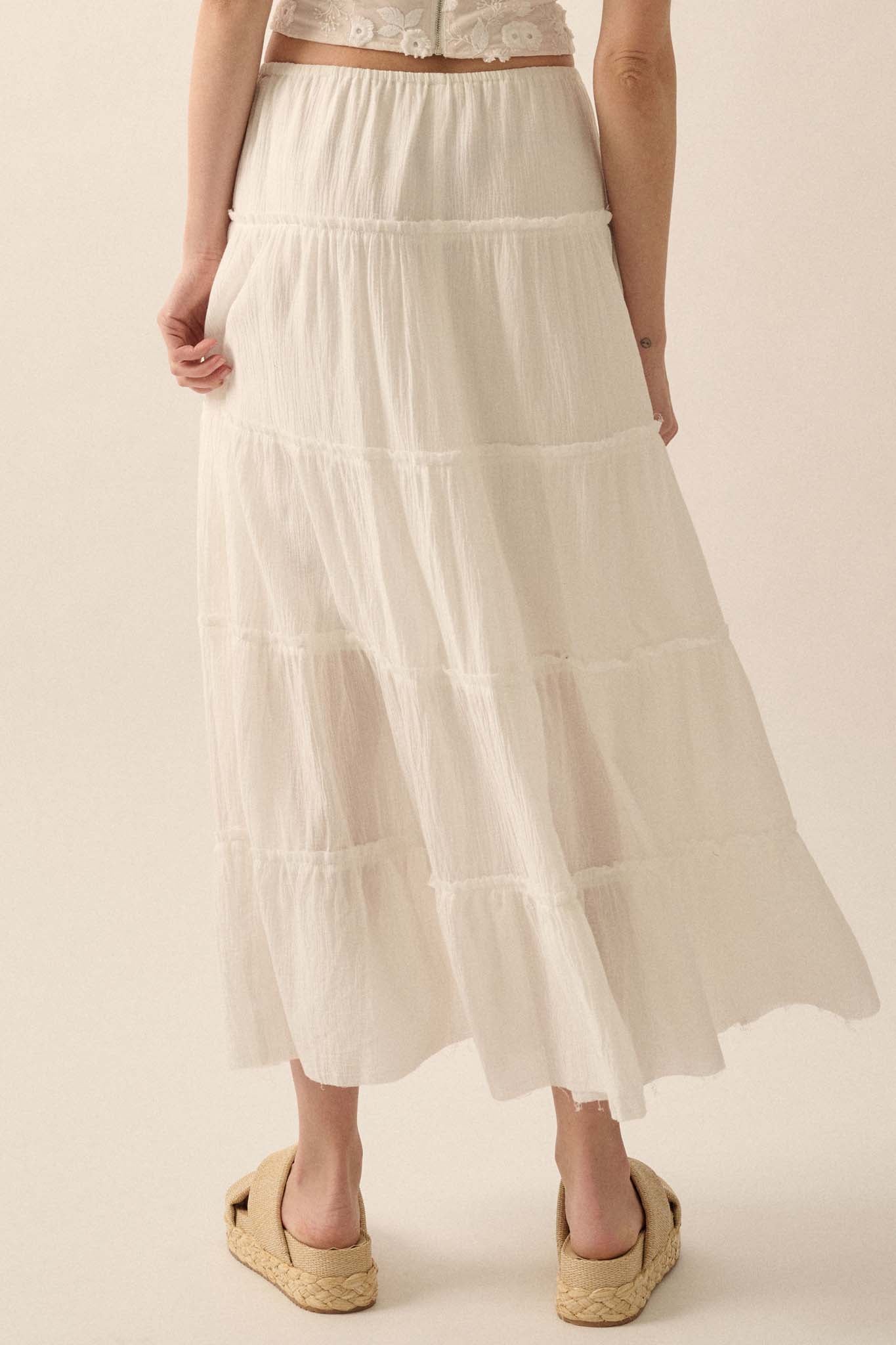 Washed Ashore Raw-Edge Tiered Ruffle Maxi Skirt - ShopPromesa