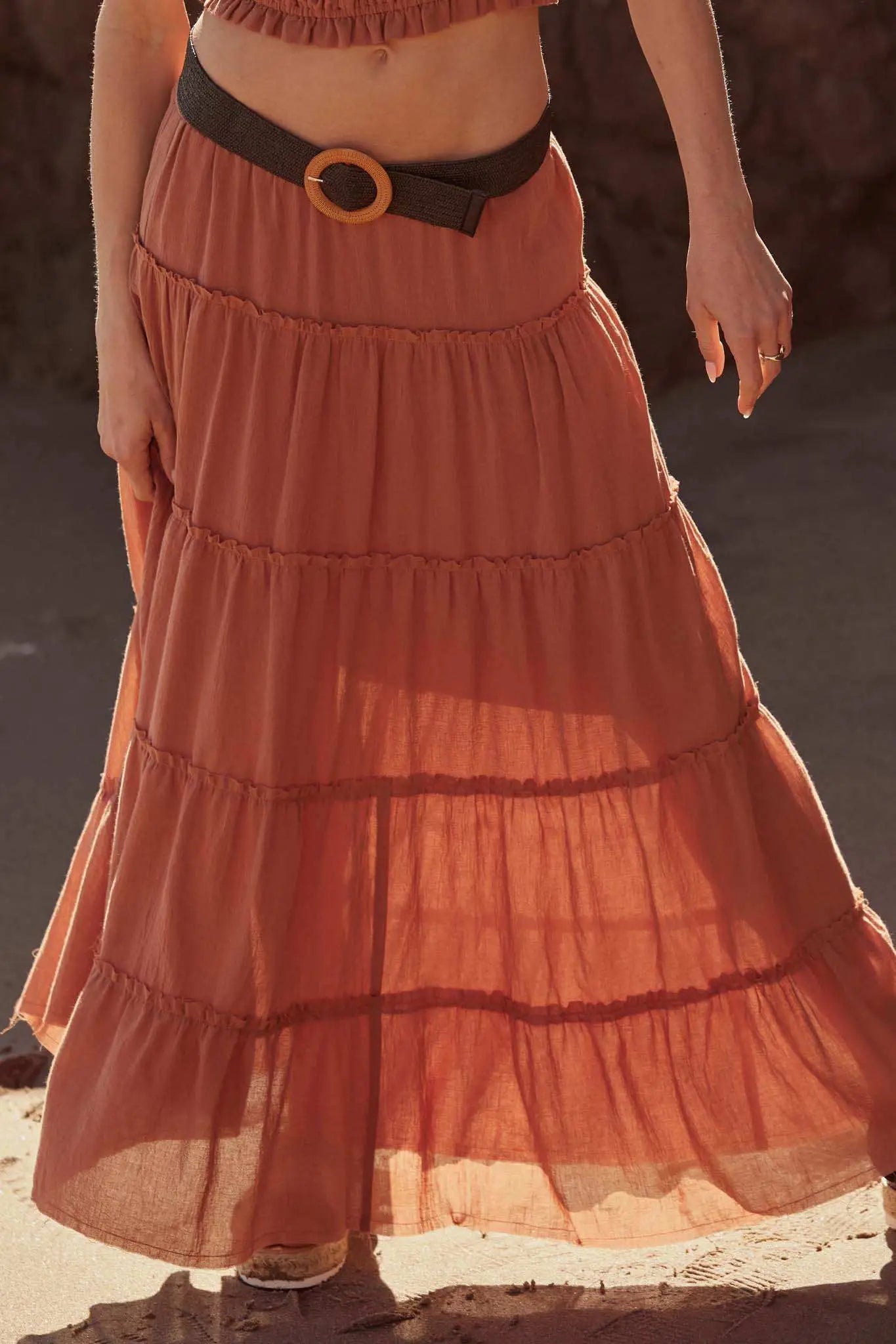 Washed Ashore Raw-Edge Tiered Ruffle Maxi Skirt Washed Ashore Raw-Edge Tiered Ruffle Maxi Skirt