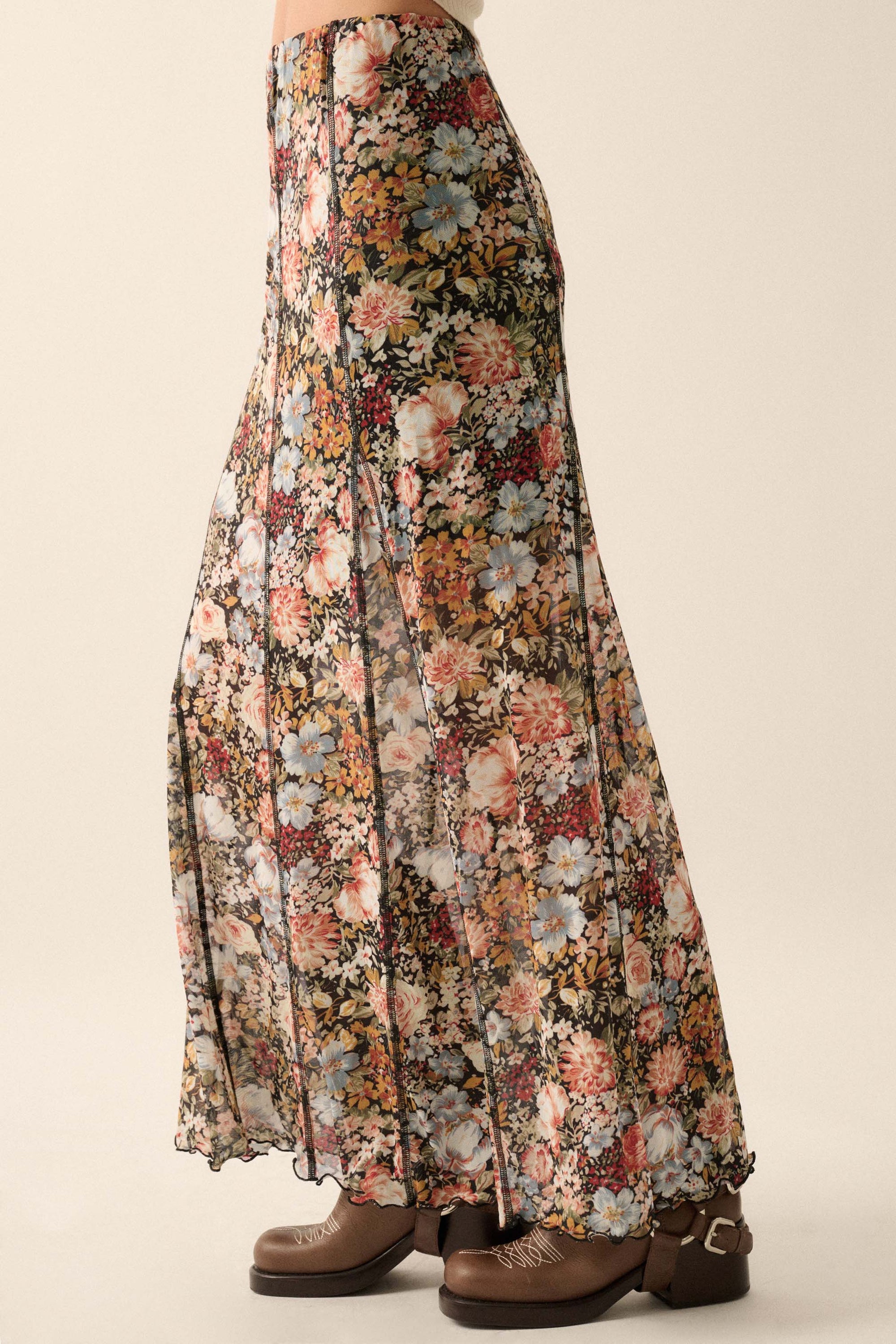 Autumn Harvest Floral Mesh Paneled Maxi Skirt - ShopPromesa