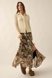 Autumn Bouquet Floral Mesh Button-Front Maxi Skirt - ShopPromesa