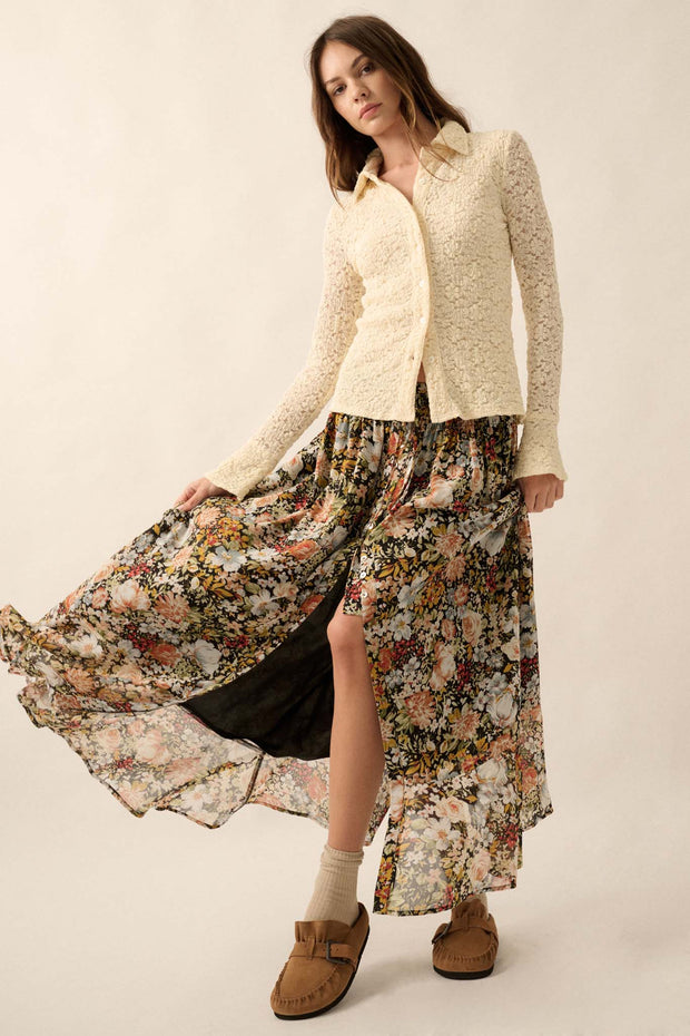 Autumn Bouquet Floral Mesh Button-Front Maxi Skirt - ShopPromesa