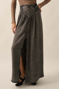 Softest Storm Acid-Wash Denim Buttoned Maxi Skirt - ShopPromesa