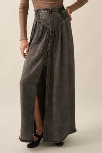 Softest Storm Acid-Wash Denim Buttoned Maxi Skirt - ShopPromesa