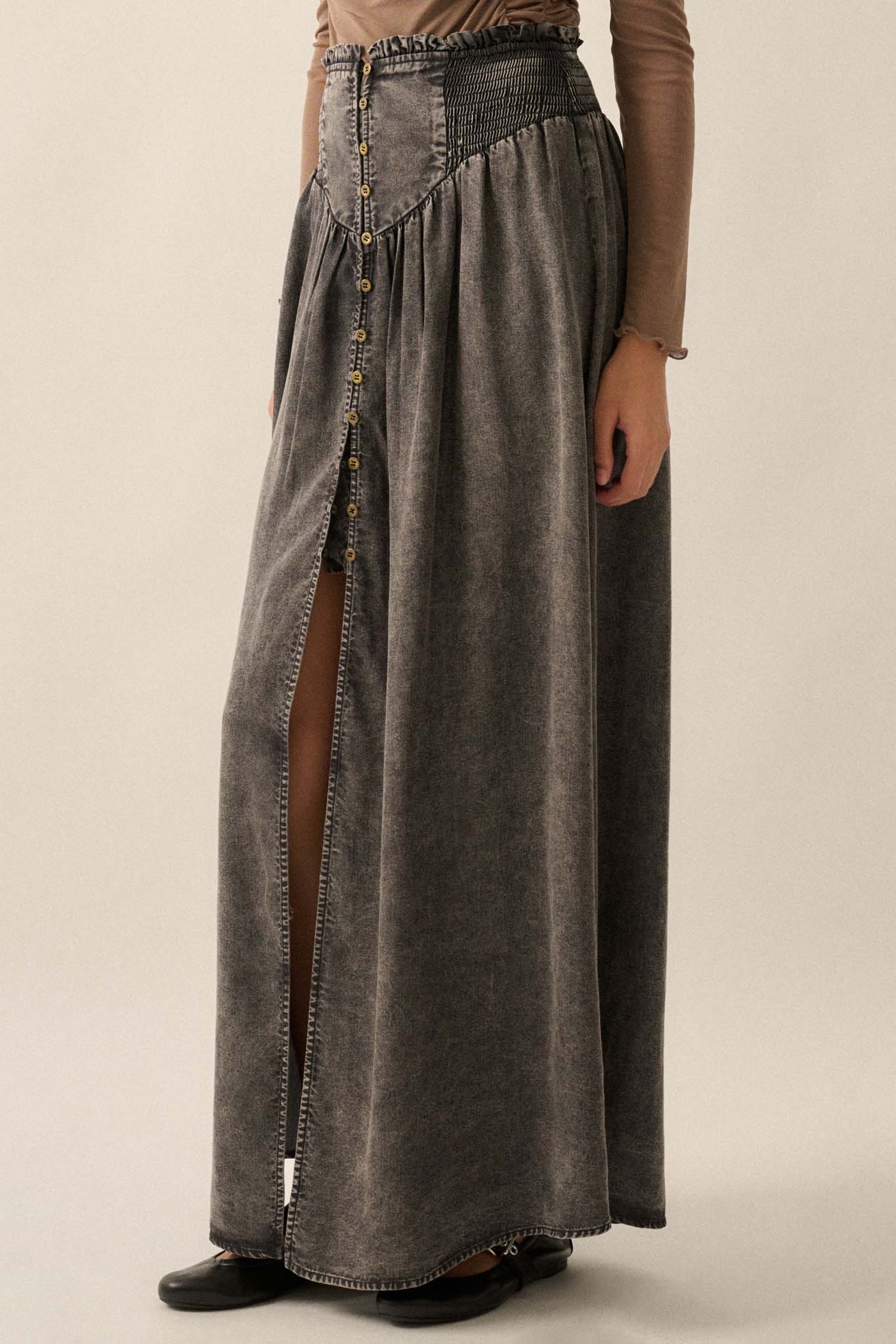 Softest Storm Acid-Wash Denim Buttoned Maxi Skirt - ShopPromesa