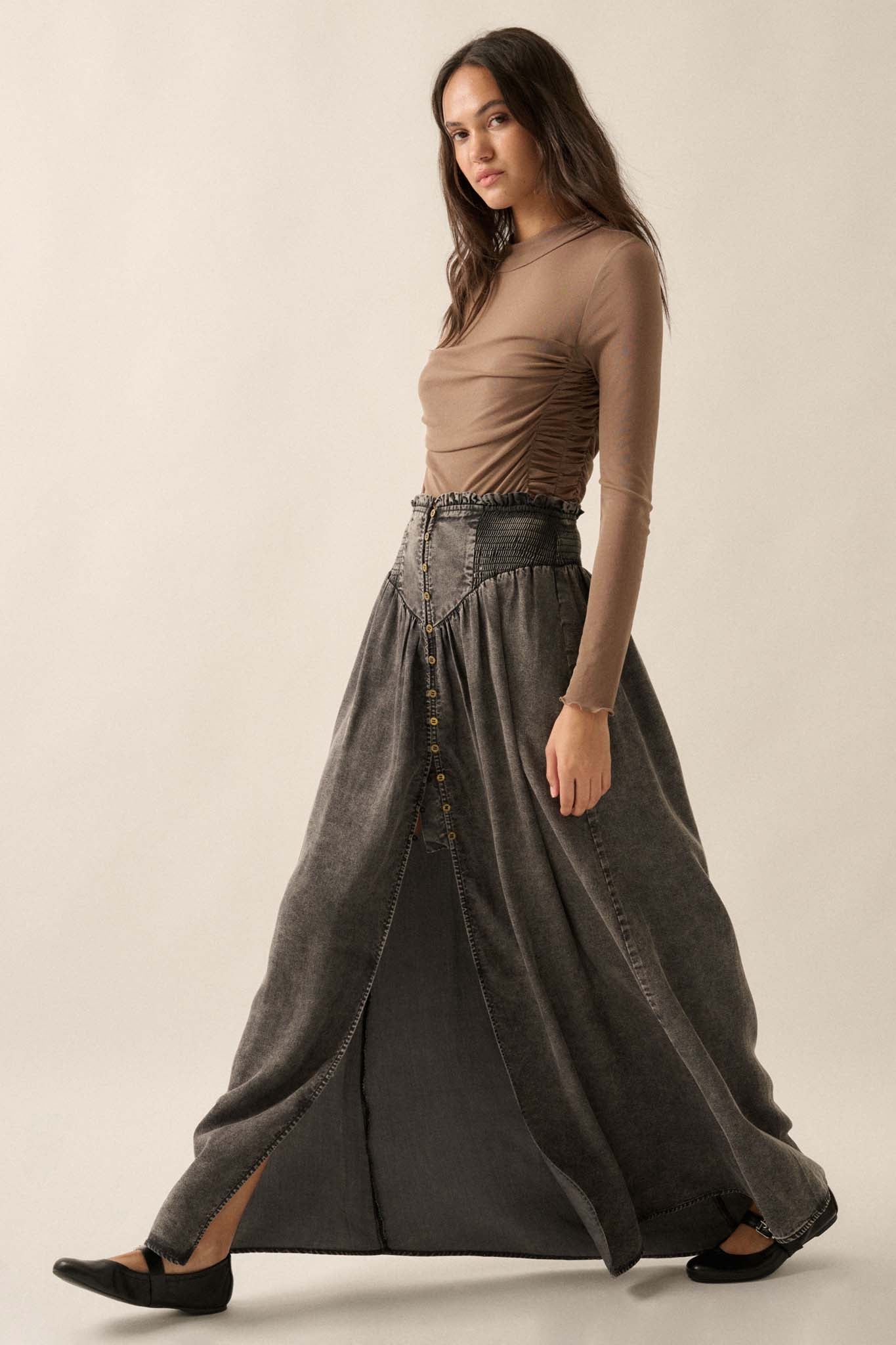 Softest Storm Acid-Wash Denim Buttoned Maxi Skirt - ShopPromesa