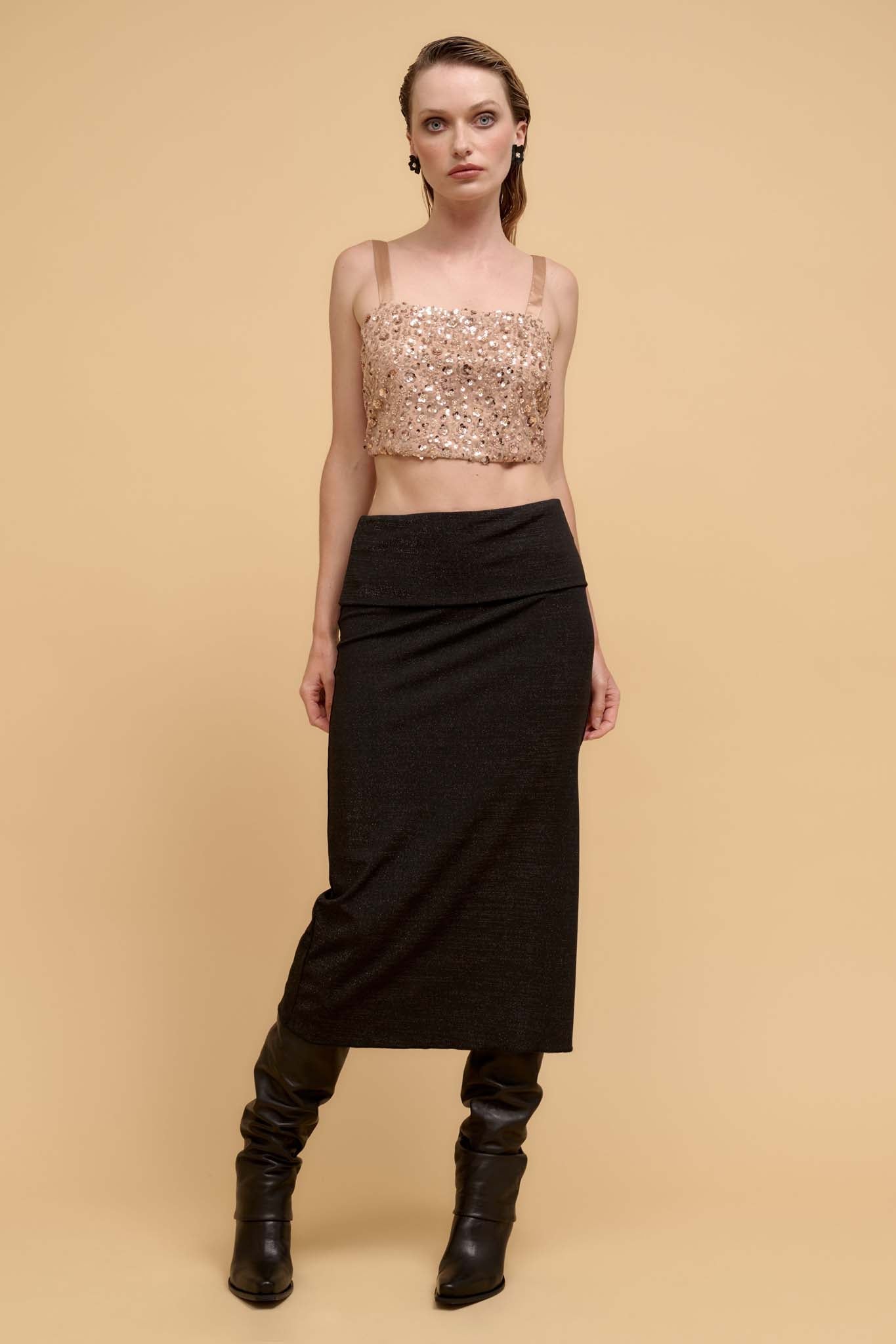 Make It Sparkle Shimmer Knit Foldover Midi Skirt - ShopPromesa