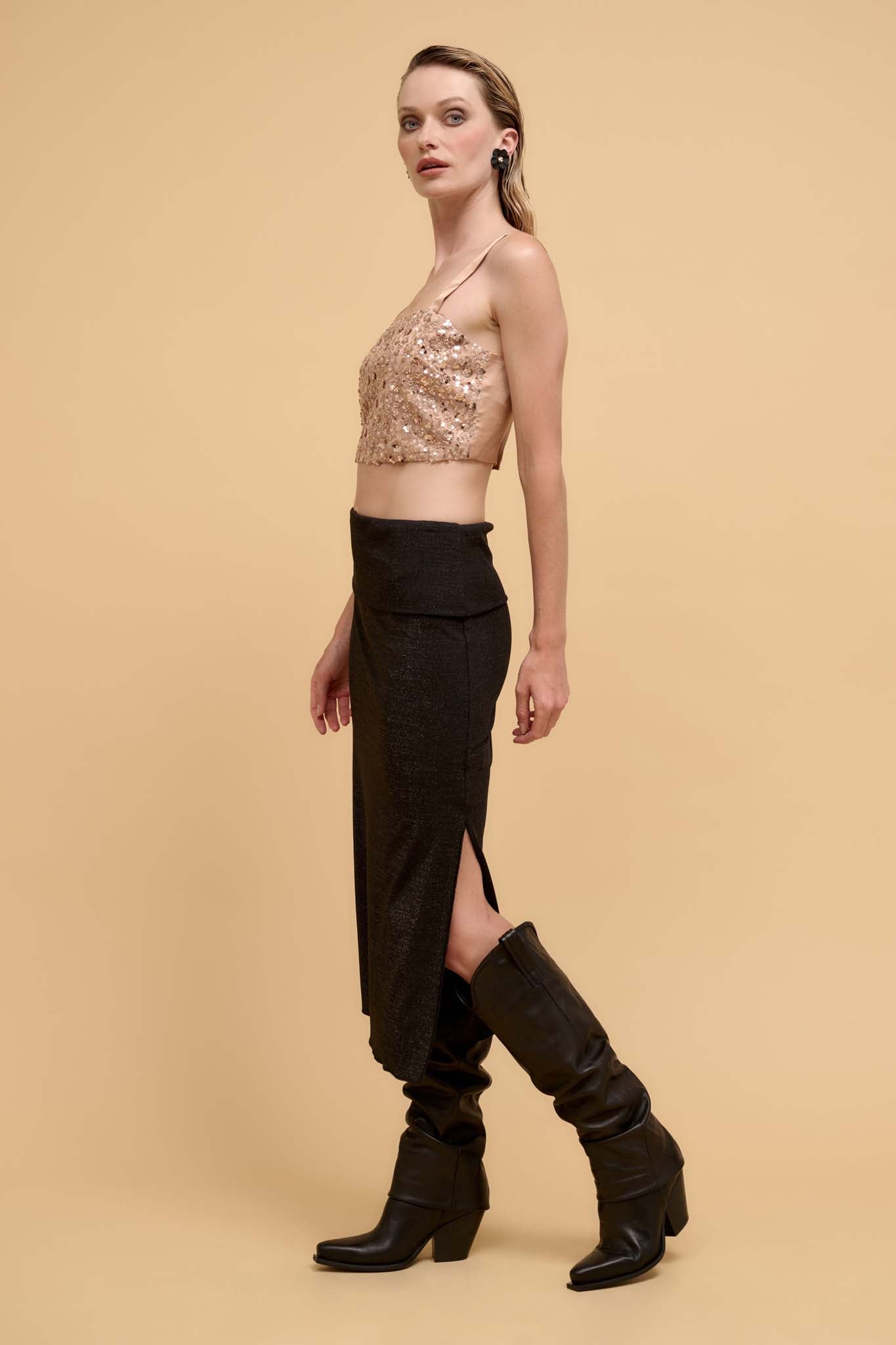 Make It Sparkle Shimmer Knit Foldover Midi Skirt - ShopPromesa