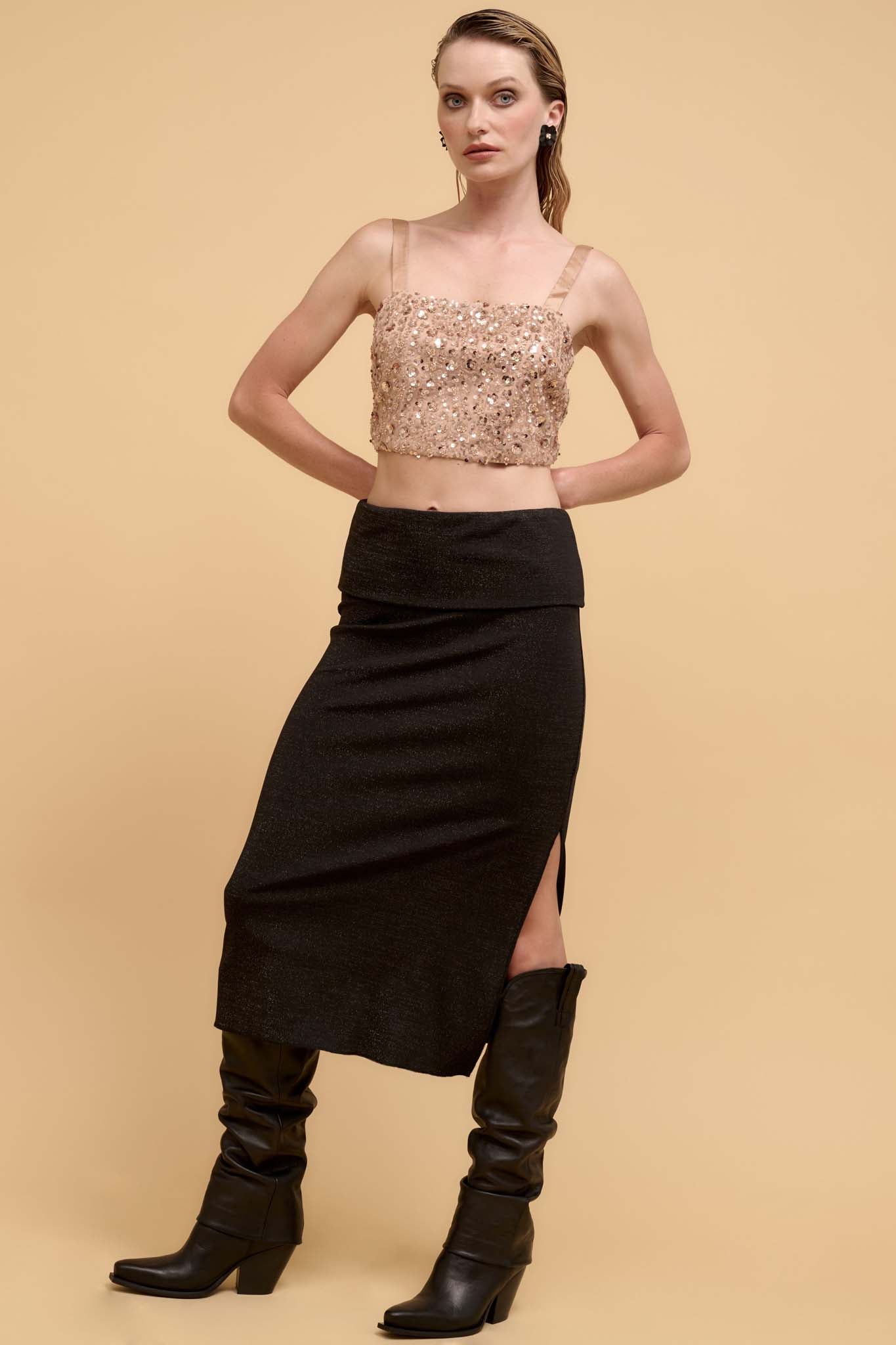 Make It Sparkle Shimmer Knit Foldover Midi Skirt - ShopPromesa