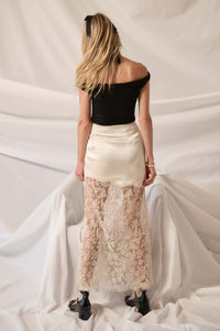 Icy Petals Satin and Floral Lace Maxi Skirt - ShopPromesa