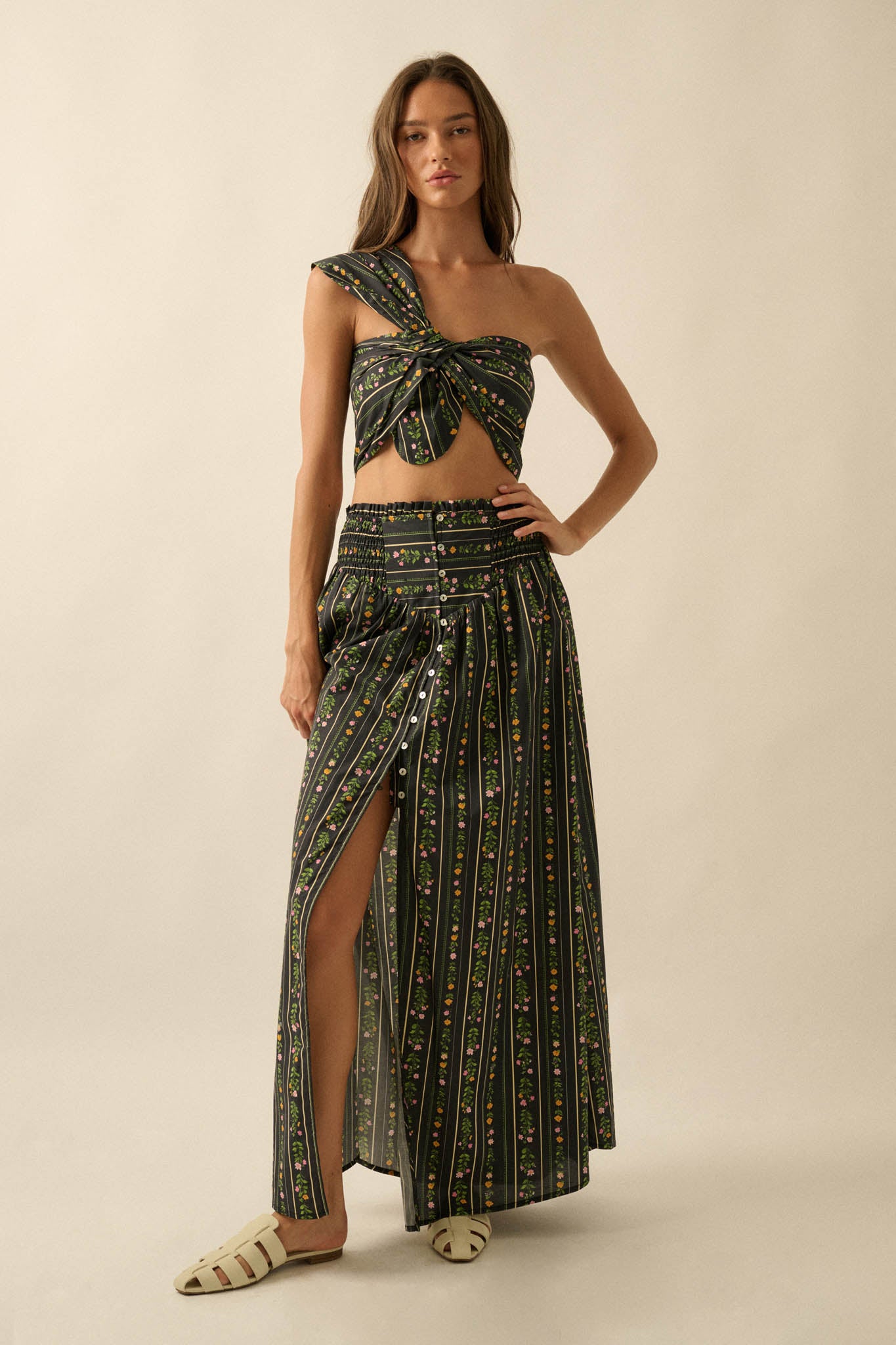 Fields in Bloom Floral-Stripe Button-Up Maxi Skirt - ShopPromesa