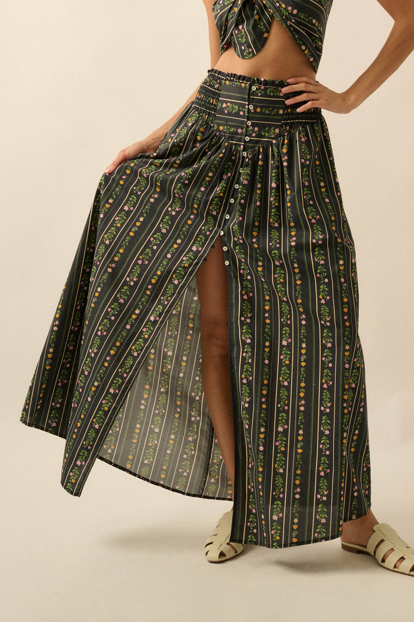 Fields in Bloom Floral-Stripe Button-Up Maxi Skirt - ShopPromesa