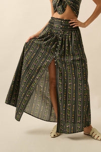 Fields in Bloom Floral-Stripe Button-Up Maxi Skirt - ShopPromesa