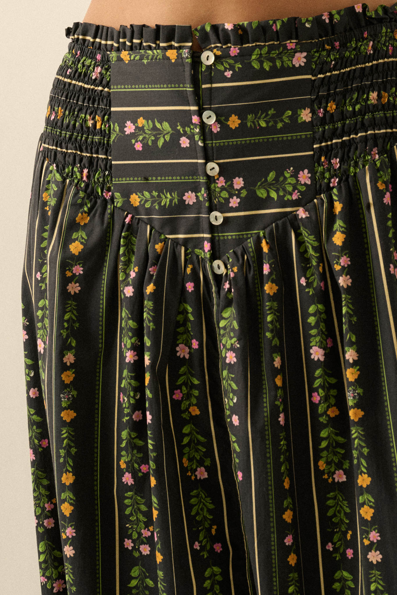 Fields in Bloom Floral-Stripe Button-Up Maxi Skirt - ShopPromesa