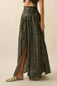 Fields in Bloom Floral-Stripe Button-Up Maxi Skirt - ShopPromesa