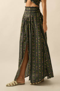 Fields in Bloom Floral-Stripe Button-Up Maxi Skirt - ShopPromesa