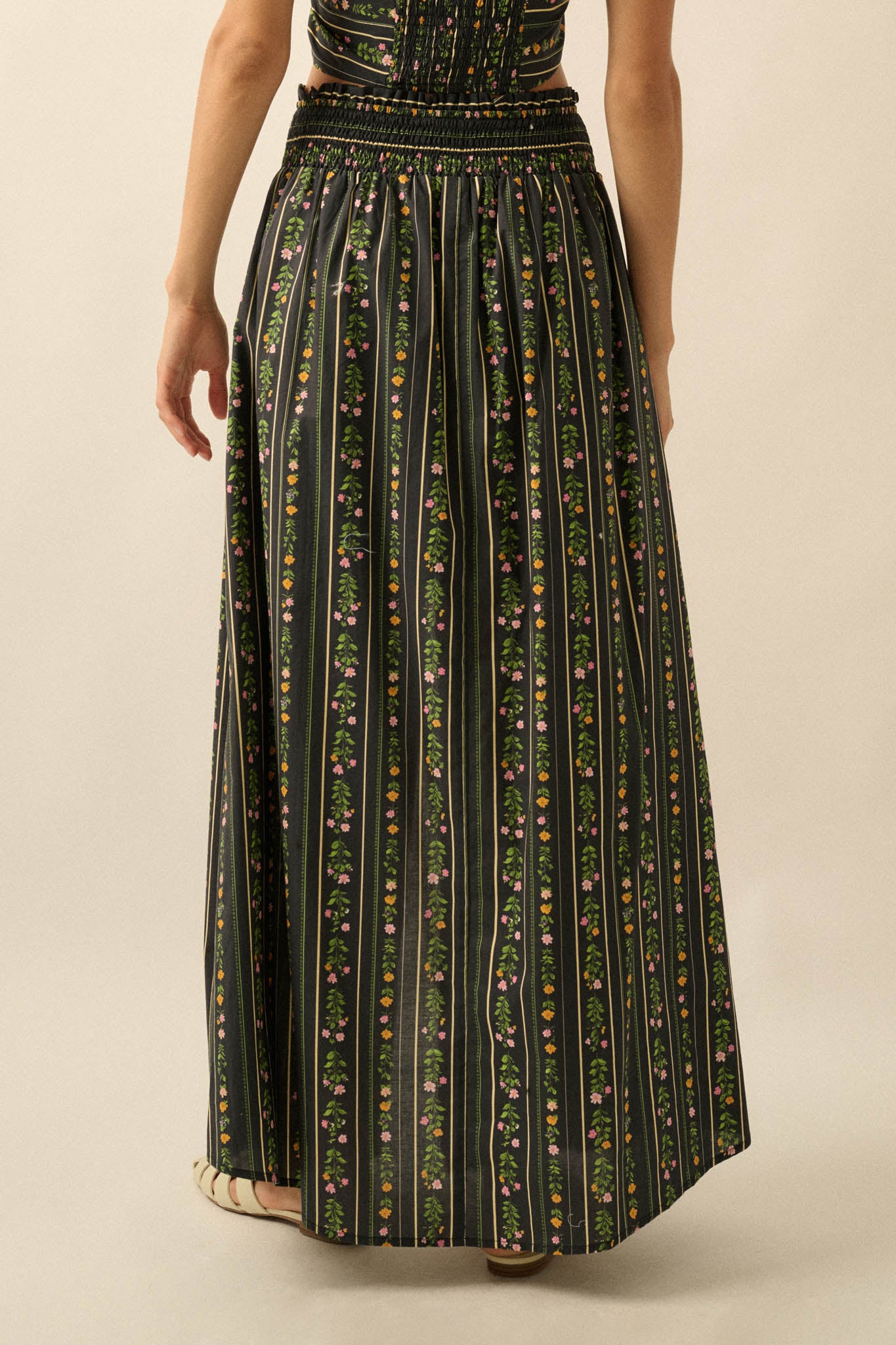 Fields in Bloom Floral-Stripe Button-Up Maxi Skirt - ShopPromesa