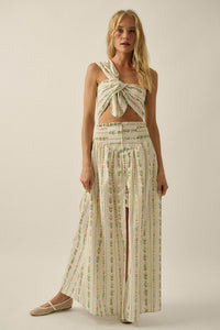Fields in Bloom Floral-Stripe Button-Up Maxi Skirt - ShopPromesa