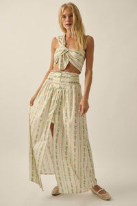 Fields in Bloom Floral-Stripe Button-Up Maxi Skirt - ShopPromesa