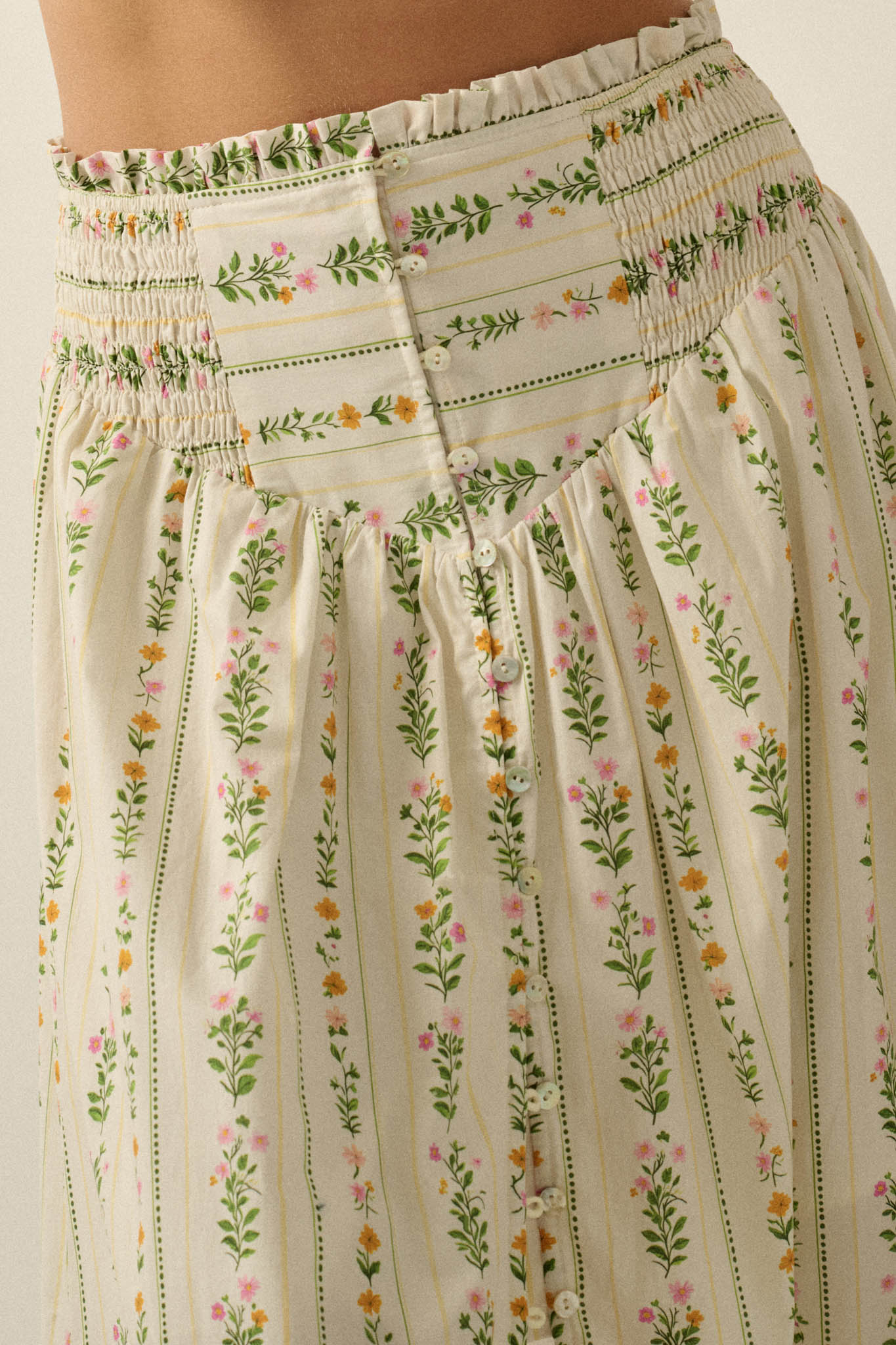 Fields in Bloom Floral-Stripe Button-Up Maxi Skirt - ShopPromesa
