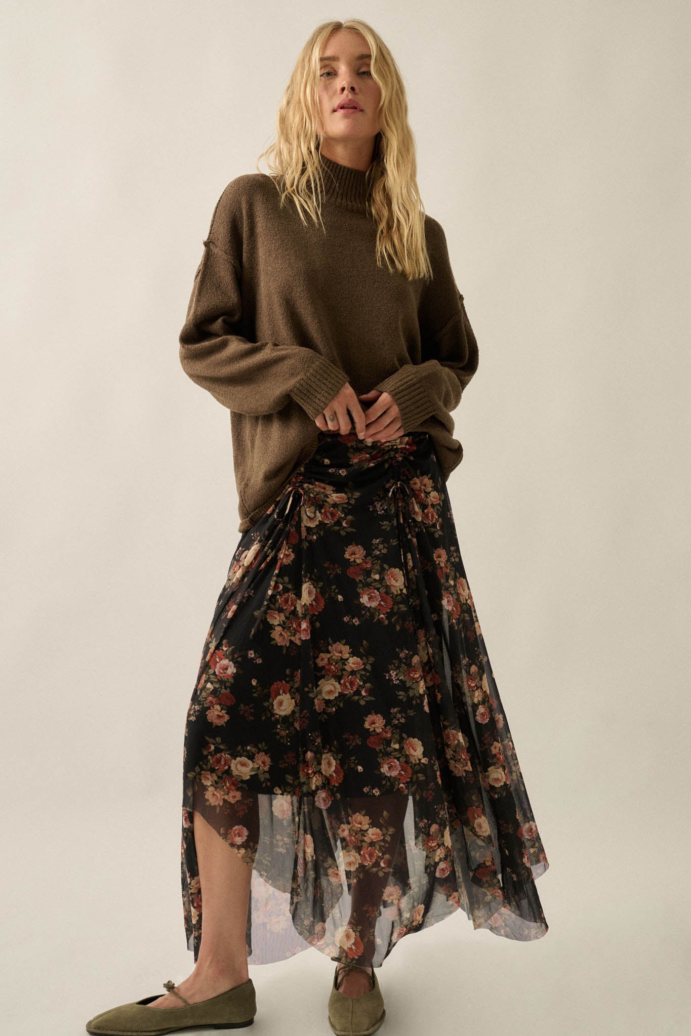 Midnight Blossoms Floral Mesh Ruched Maxi Skirt - ShopPromesa