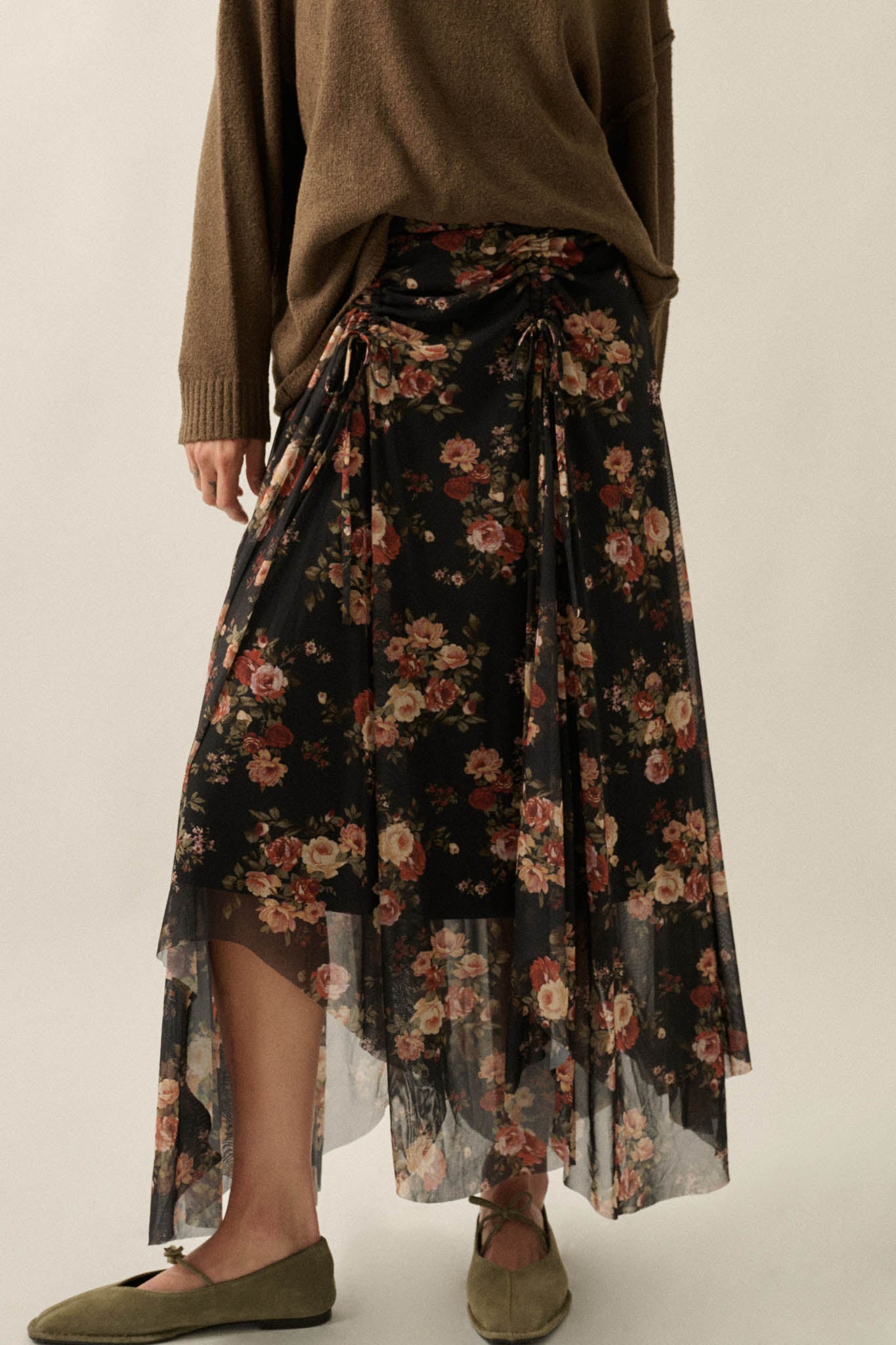 Midnight Blossoms Floral Mesh Ruched Maxi Skirt - ShopPromesa