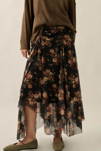 Midnight Blossoms Floral Mesh Ruched Maxi Skirt - ShopPromesa