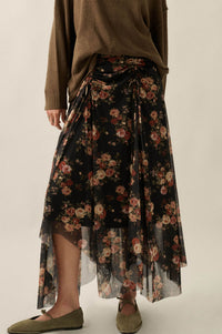 Midnight Blossoms Floral Mesh Ruched Maxi Skirt - ShopPromesa