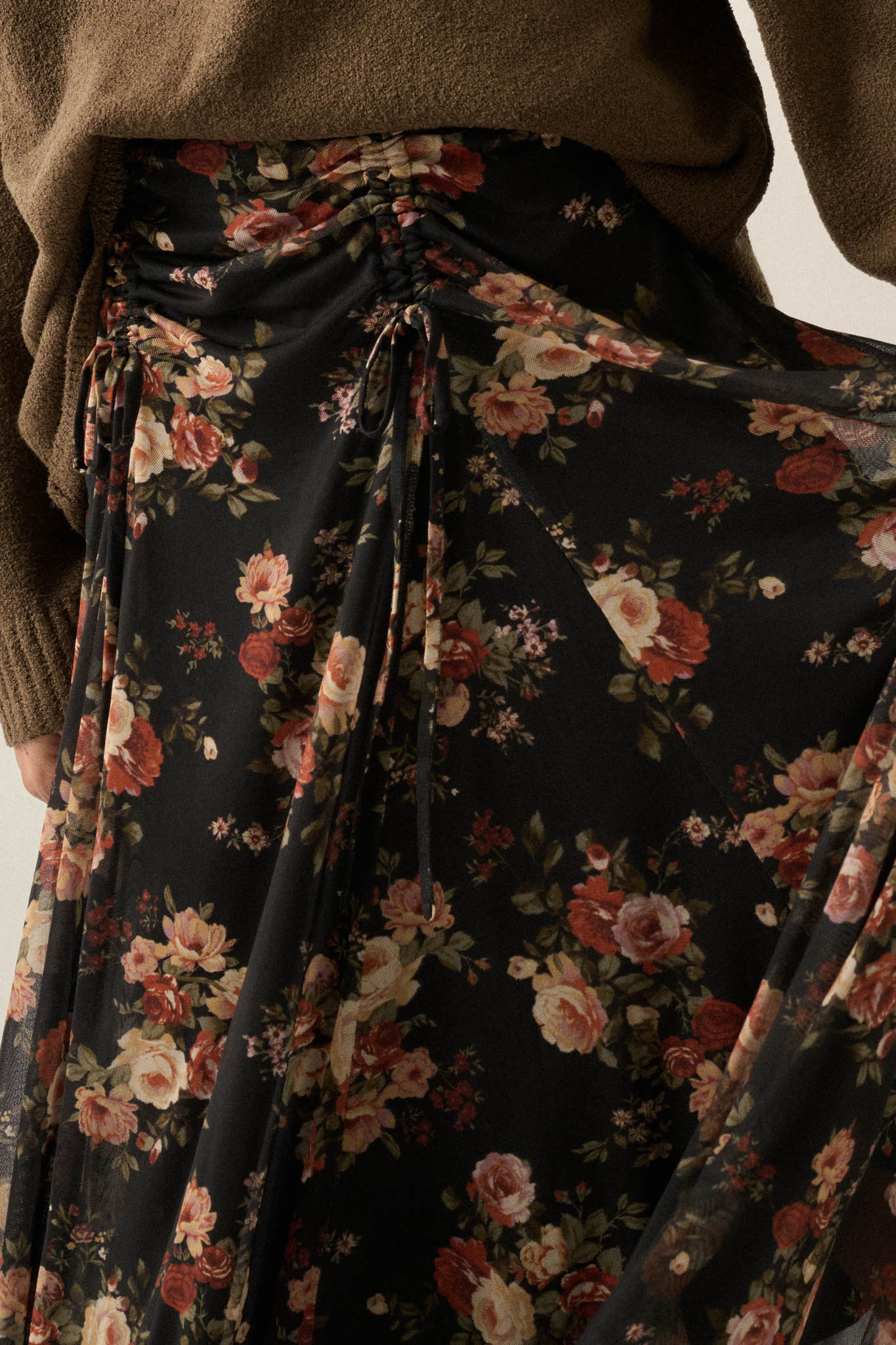 Midnight Blossoms Floral Mesh Ruched Maxi Skirt - ShopPromesa