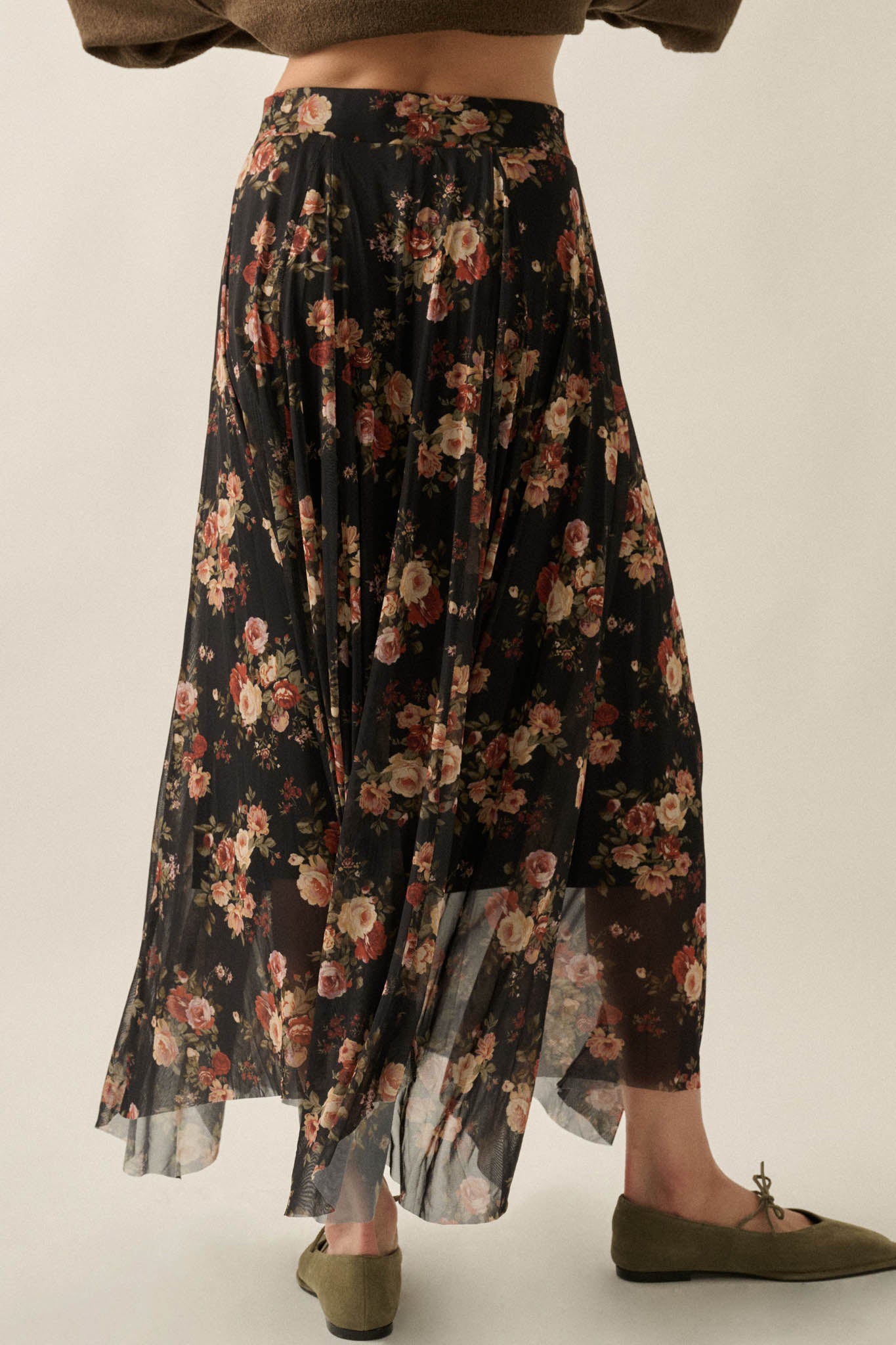 Midnight Blossoms Floral Mesh Ruched Maxi Skirt - ShopPromesa