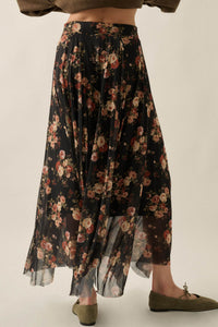 Midnight Blossoms Floral Mesh Ruched Maxi Skirt - ShopPromesa