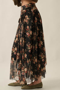 Midnight Blossoms Floral Mesh Ruched Maxi Skirt - ShopPromesa