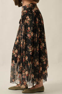 Midnight Blossoms Floral Mesh Ruched Maxi Skirt - ShopPromesa