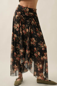 Midnight Blossoms Floral Mesh Ruched Maxi Skirt - ShopPromesa