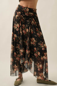 Midnight Blossoms Floral Mesh Ruched Maxi Skirt - ShopPromesa