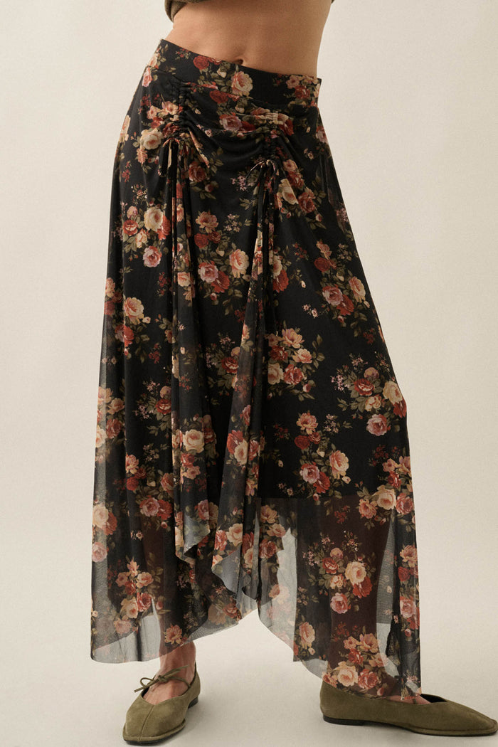 Midnight Blossoms Floral Mesh Ruched Maxi Skirt - ShopPromesa
