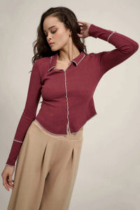 Sew Into You Contrast Stitch Collared Rib-Knit Top - ShopPromesa