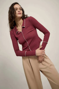 Sew Into You Contrast Stitch Collared Rib-Knit Top - ShopPromesa