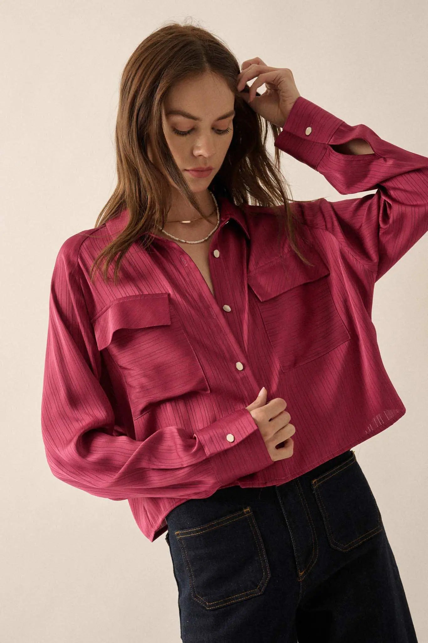Silken Soul Striped Satin Button-Up Pocket Shirt, Deep Magenta / S