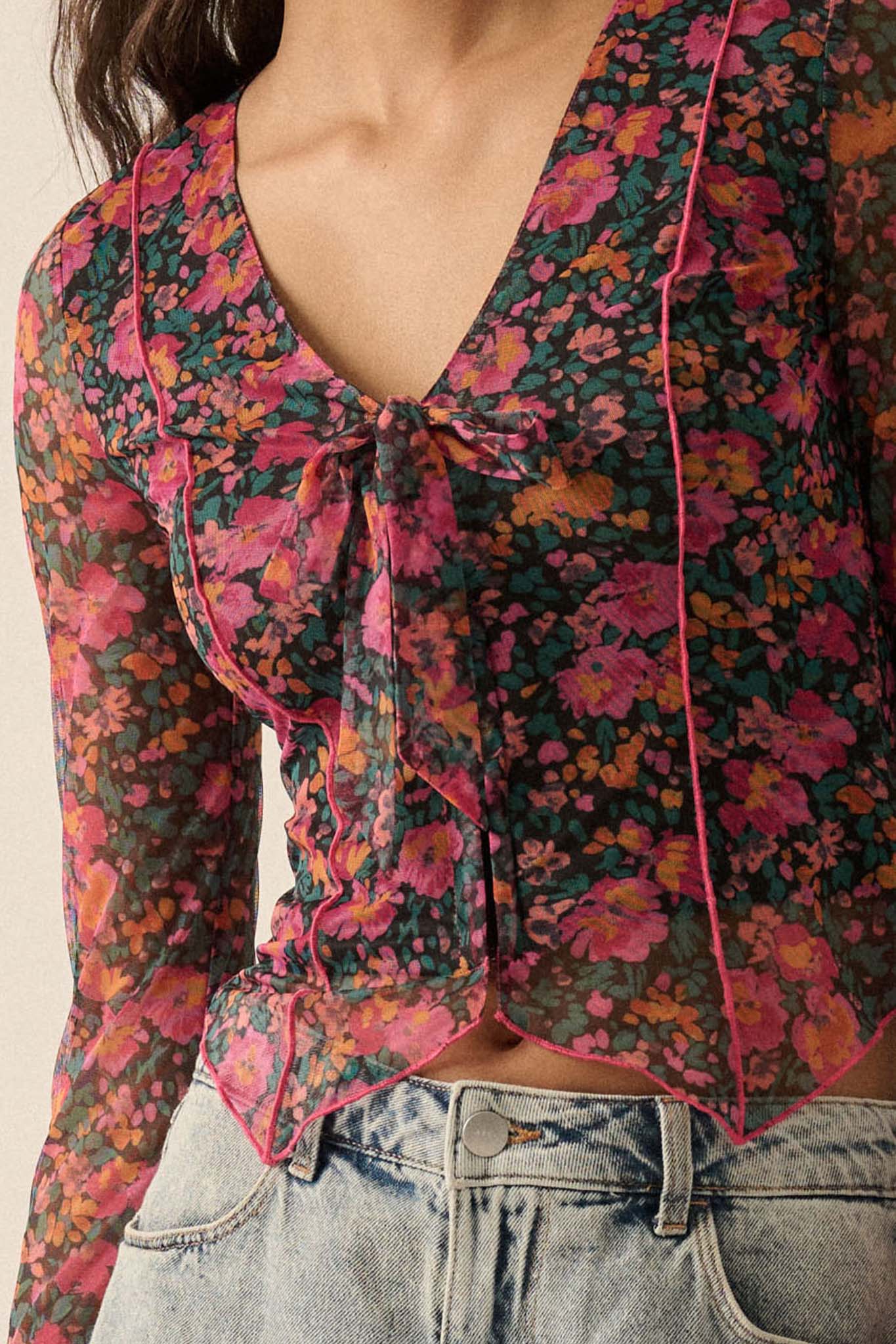 Fabulous Flowers Floral-Print Mesh Bell-Sleeve Top