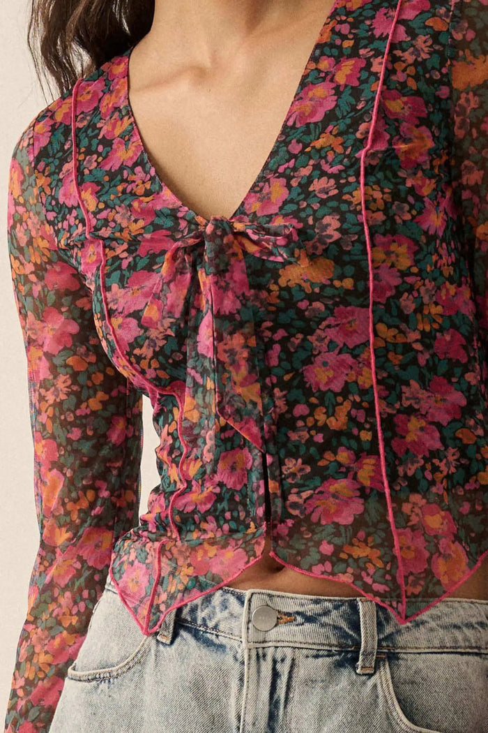 Fabulous Flowers Floral-Print Mesh Bell-Sleeve Top - ShopPromesa
