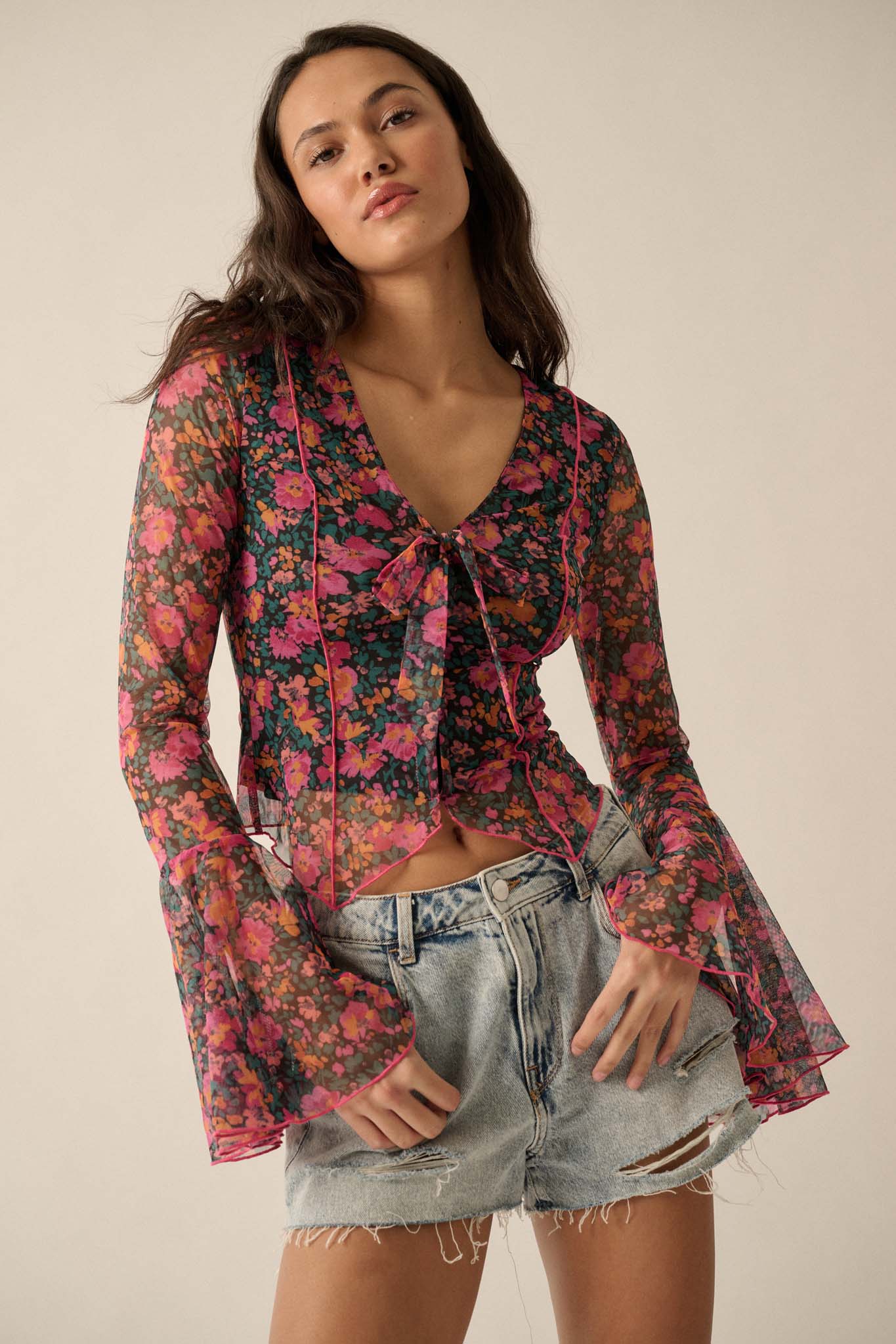 Fabulous Flowers Floral-Print Mesh Bell-Sleeve Top