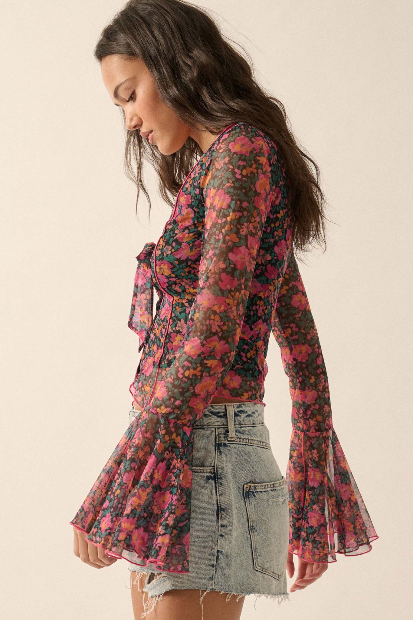 Fabulous Flowers Floral-Print Mesh Bell-Sleeve Top