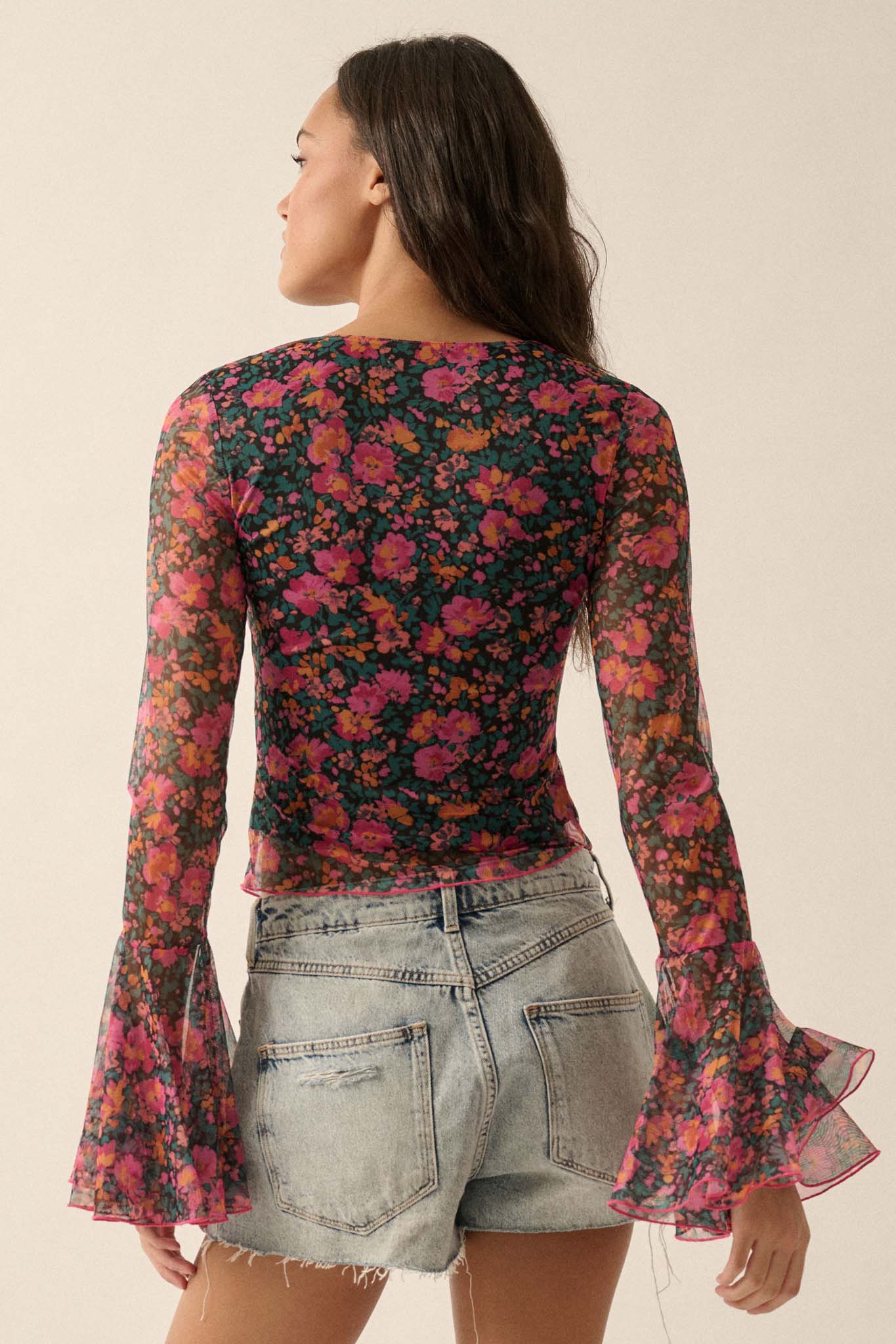 Fabulous Flowers Floral-Print Mesh Bell-Sleeve Top