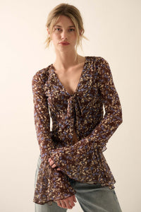 Sweet Violets Floral-Print Mesh Bell-Sleeve Top - ShopPromesa