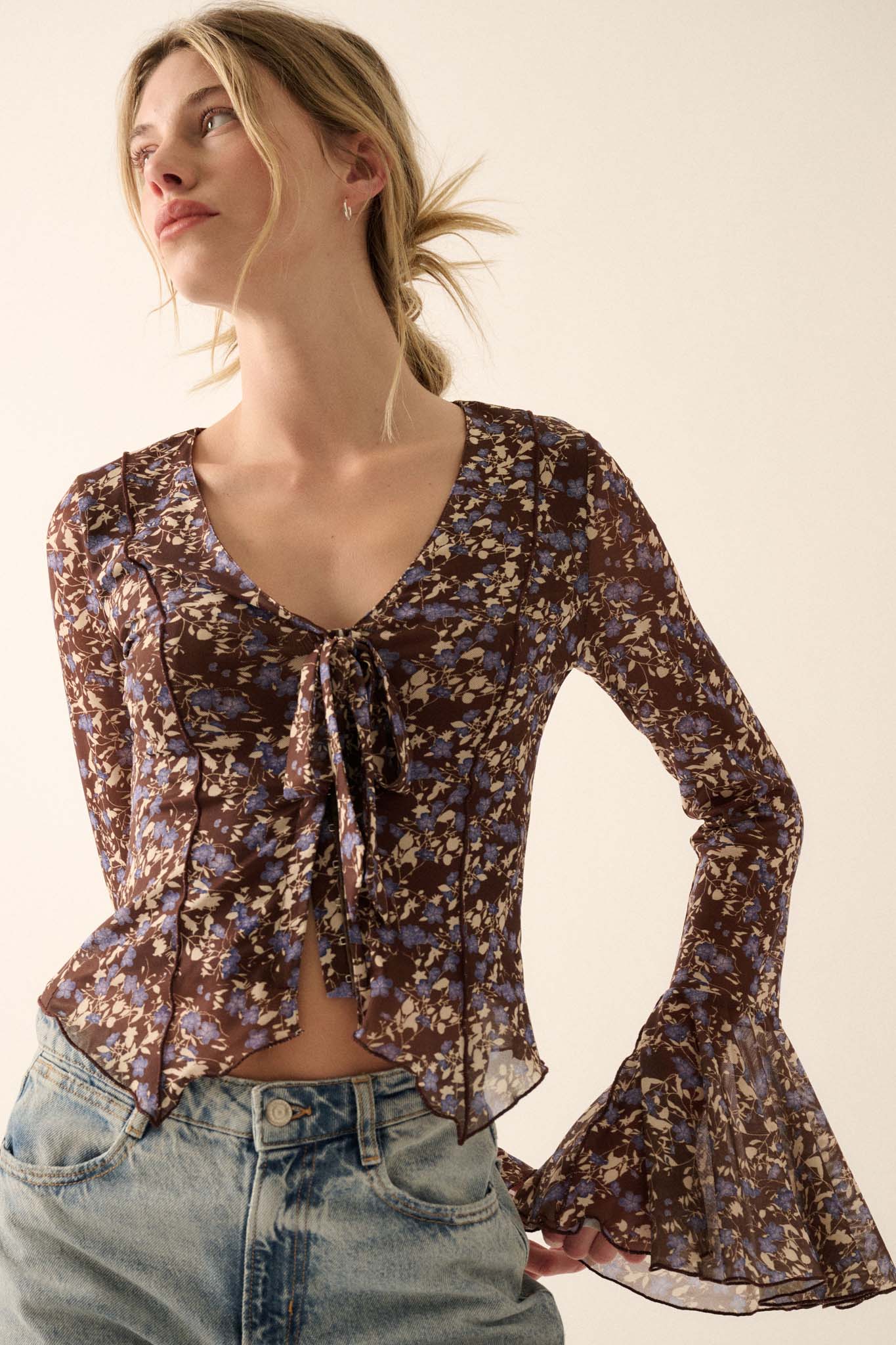 Sweet Violets Floral-Print Mesh Bell-Sleeve Top - ShopPromesa